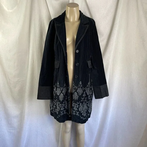 🚫SOLD🚫 VTG Y2K DKNY Jeans Black Velvet Long Coat w/ Pockets Grey Baroque - Picture 3 of 16